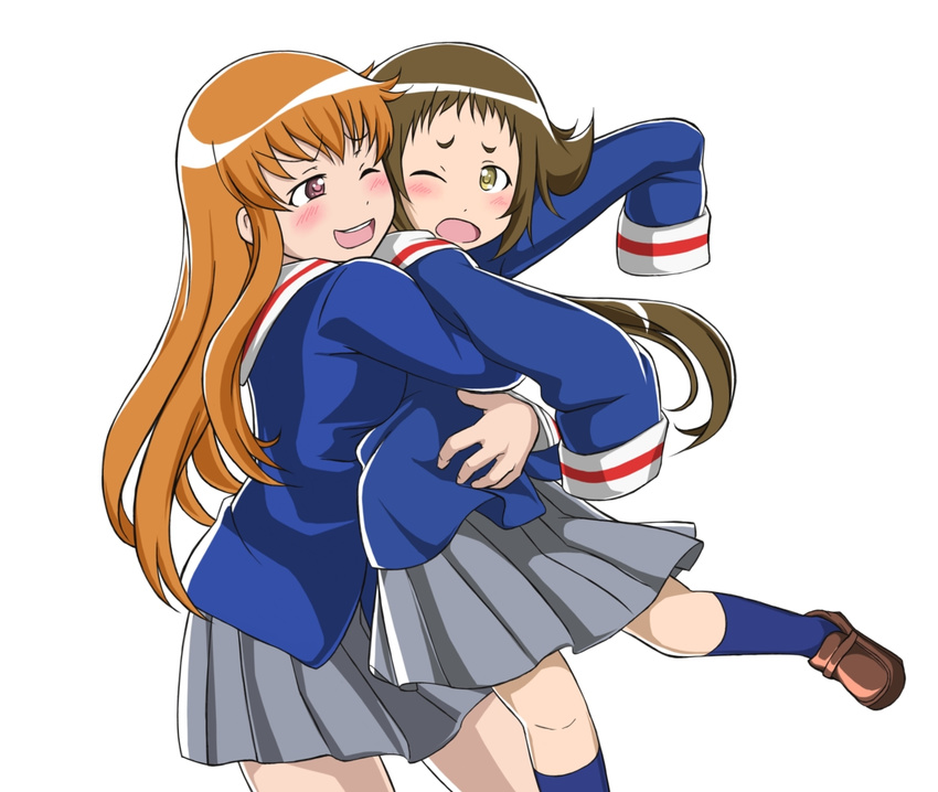 ;d atonamu blue_legwear blue_skirt brown_footwear brown_hair eyebrows eyebrows_visible_through_hair grey_skirt head_tilt hug hug_from_behind kneehighs loafers long_hair long_sleeves mikakunin_de_shinkoukei mitsumine_mashiro multiple_girls one_eye_closed open_mouth orange_hair outstretched_arms oversized_clothes pink_eyes pleated_skirt ponytail school_uniform serafuku shoes simple_background skirt sleeves_past_fingers sleeves_past_wrists smile v-shaped_eyebrows very_long_hair white_background yellow_eyes yonomori_benio yuri