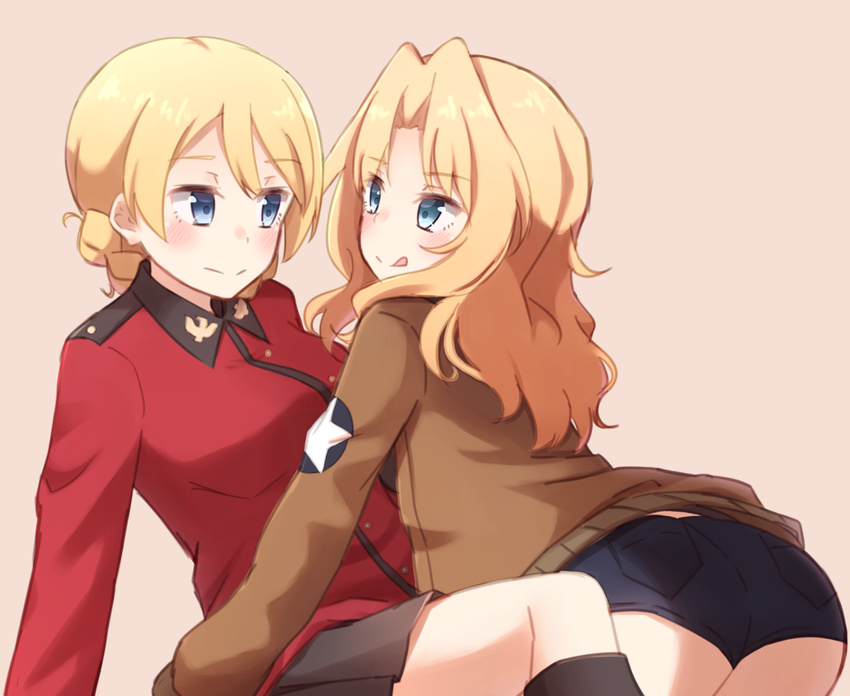 bike_shorts blonde_hair blue_eyes brown_jacket commentary_request darjeeling eyebrows eyebrows_visible_through_hair girls_und_panzer highres jacket kapatarou kay_(girls_und_panzer) long_hair long_sleeves looking_at_another military military_uniform multiple_girls saunders_military_uniform simple_background st._gloriana's_military_uniform tongue tongue_out uniform yuri