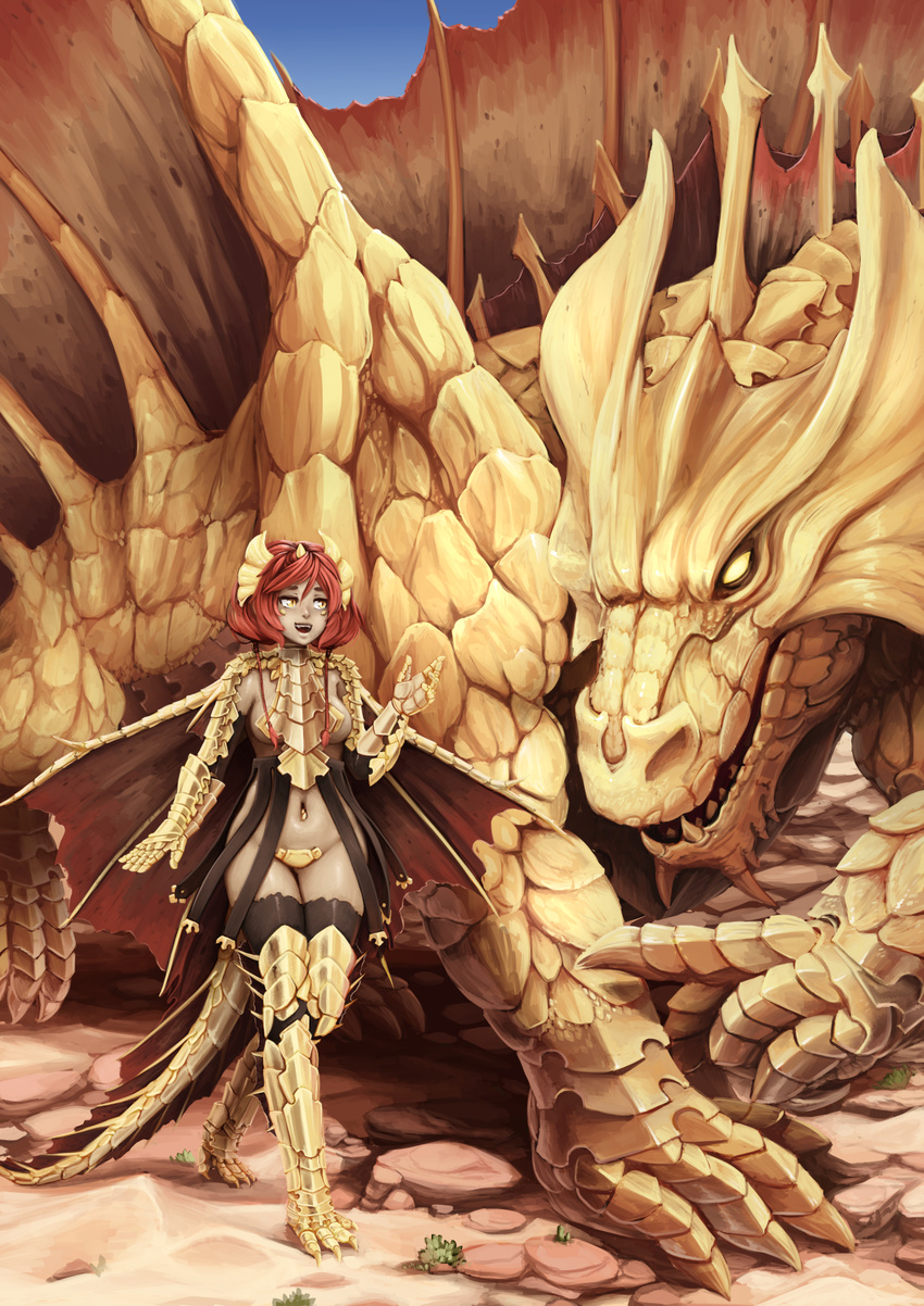 :d barbariank brass_dragon breasts dark_skin dragon dragon_girl dragon_tail dungeons_and_dragons gauntlets greaves highres horns medium_breasts midriff monster monster_girl navel open_mouth original personification red_hair revealing_clothes scales sharp_teeth short_hair sideboob slit_pupils smile solo tail teeth thighhighs underboob wings yellow_eyes