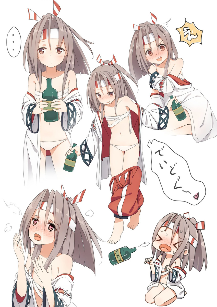 &gt;_&lt; 1girl blush bottle brown_eyes brown_hair budget_sarashi chibi closed_eyes commentary coupon_(skyth) drunk flat_chest hachimaki headband heart heart-shaped_pupils highres japanese_clothes kantai_collection long_hair multiple_views navel nose_blush open_clothes open_mouth panties ponytail sarashi seiza sitting spoken_ellipsis symbol-shaped_pupils underwear undone_sarashi white_background white_panties zuihou_(kantai_collection)