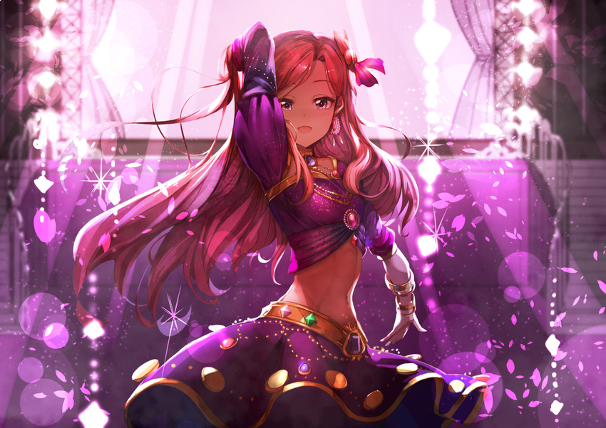 aikatsu!_(series) aikatsu_stars! arabian_clothes arm_behind_head arm_up bangle bangs bracelet brooch brown_hair commentary_request cowboy_shot crop_top curtains dancing earrings gem hair_ornament hair_ribbon harem_outfit jewelry kasumi_yozora koruse lens_flare long_hair long_sleeves looking_at_viewer midriff navel necklace open_mouth outstretched_arm petals pink_ribbon purple purple_eyes purple_shirt purple_skirt ribbon shirt skirt smile solo sparkle stage stage_lights stairs swept_bangs