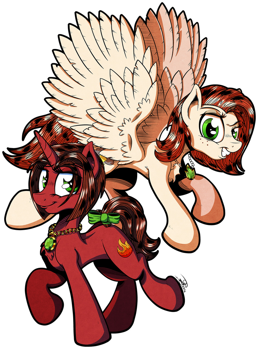 2016 brown_hair cutie_mark duo equine eyelashes fan_character feathered_wings feathers female feral flying fur gray--day hair hooves horn jewelry mammal my_little_pony necklace nude pegasus red_fur smile standing unicorn wings