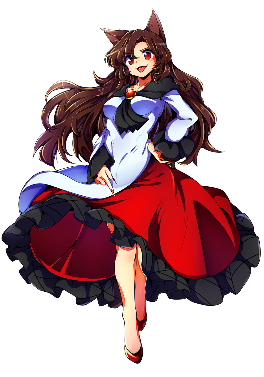 :d absurdres animal_ears baba_(baba_seimaijo) breasts brooch brown_hair commentary_request fingernails frilled_skirt frilled_sleeves frills full_body hand_on_hip highres imaizumi_kagerou jewelry long_fingernails long_hair long_skirt long_sleeves looking_at_viewer nail_polish open_mouth red_eyes red_footwear red_nails red_skirt sharp_fingernails shirt shoes skirt small_breasts smile solo standing tachi-e tongue tongue_out touhou transparent_background v-shaped_eyebrows white_shirt wolf_ears wolf_girl