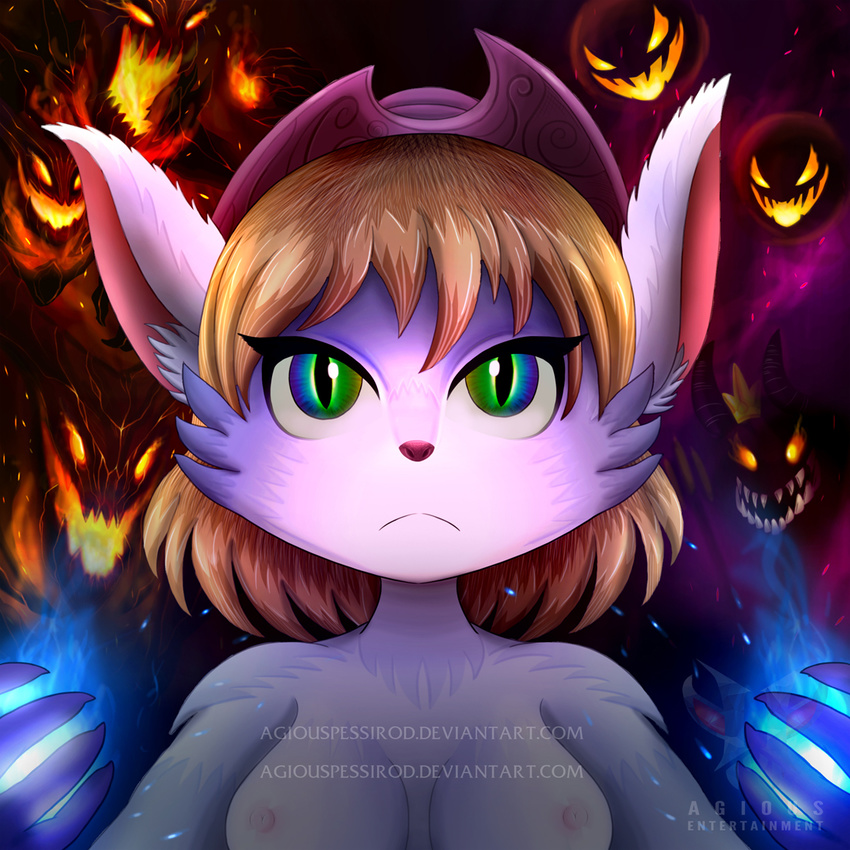 2016 agious anthro breasts demon feline female fire green_eyes league_of_legends mammal tristana_(lol) video_games