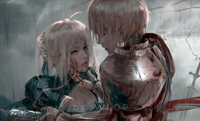 1girl ahoge armor artist_name artoria_pendragon_(all) blonde_hair blood blood_on_face bloody_clothes bloody_hands chin_grab earrings face_grab fate_(series) gauntlets gilgamesh jewelry lips looking_at_another parted_lips pauldrons rain saber stabbing wet wet_hair wlop