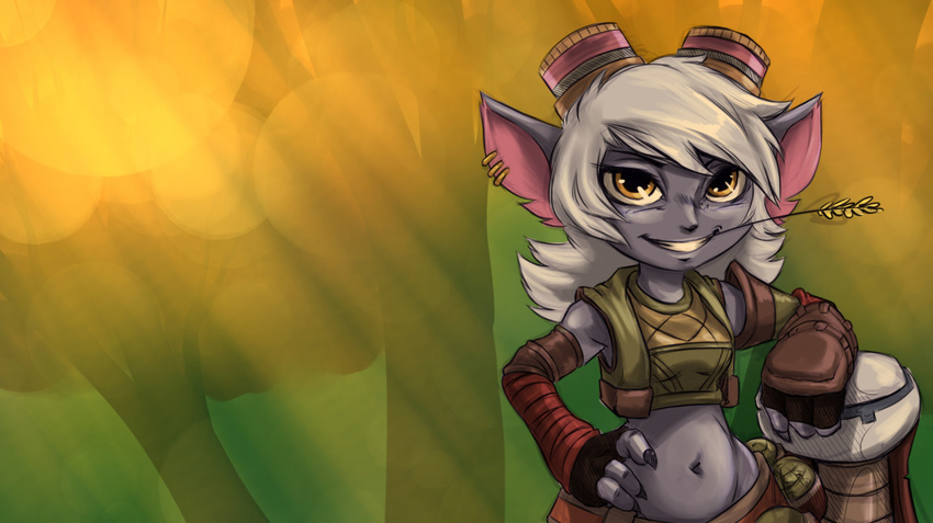 2015 ear_piercing eyewear female goggles grey_skin hair hand_on_hip league_of_legends looking_at_viewer midriff navel piercing plagueofgripes pointy_ears smile solo sunlight tree tristana_(lol) video_games wheat white_hair yellow_eyes yordle