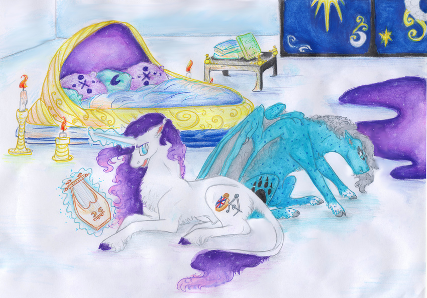 blue_eyes cutie_mark dawn22eagle detailed_background duo equine fan_character female fur grey_hair hair hooves horn inside lying magic mammal membranous_wings my_little_pony night nude purple_hair sitting spots spotted_fur unicorn white_fur window wings