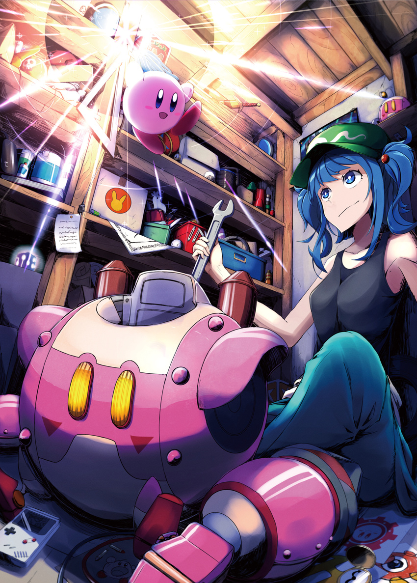 armpits bag bare_arms bare_shoulders battery black_footwear black_shirt blue_eyes blue_hair bomb boots breasts collarbone crossover cube drawing floating from_below game_boy hair_bobbles hair_ornament handheld_game_console harukaze_shizuru highres indoors kawashiro_nitori kirby kirby:_planet_robobot kirby_(series) lens_flare light light_bulb light_rays lightning_bolt long_hair looking_at_another medium_breasts paper_bag perspective pocket_watch robobot_armor robot robot_joints rubber_boots set_square shelf shirt shoes sitting skull_print smile solo sword tank_top tools touhou twintails two_side_up waddle_doo watch weapon weather_vane wooden_wall wrench