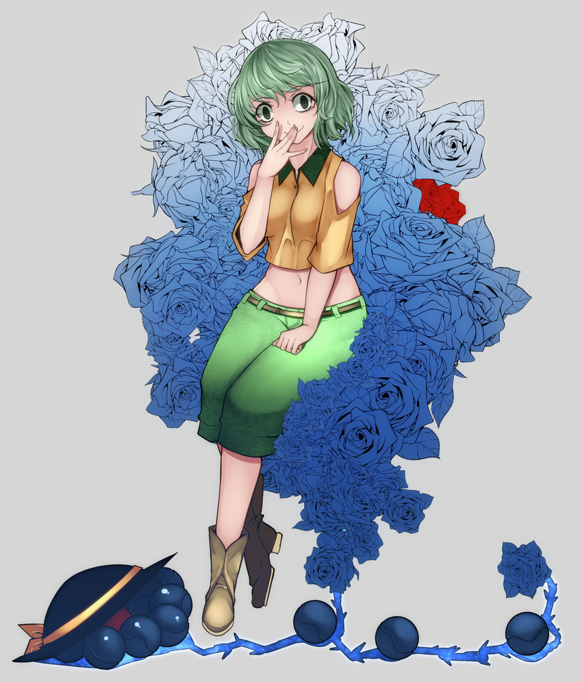 al_bhed_eyes alternate_costume aoshima bare_shoulders blue_flower blue_rose boots commentary creepy_eyes empty_eyes flower green_eyes green_hair hand_to_own_mouth hat hat_removed headwear_removed highres komeiji_koishi navel red_flower red_rose ringed_eyes rose smile solo third_eye touhou