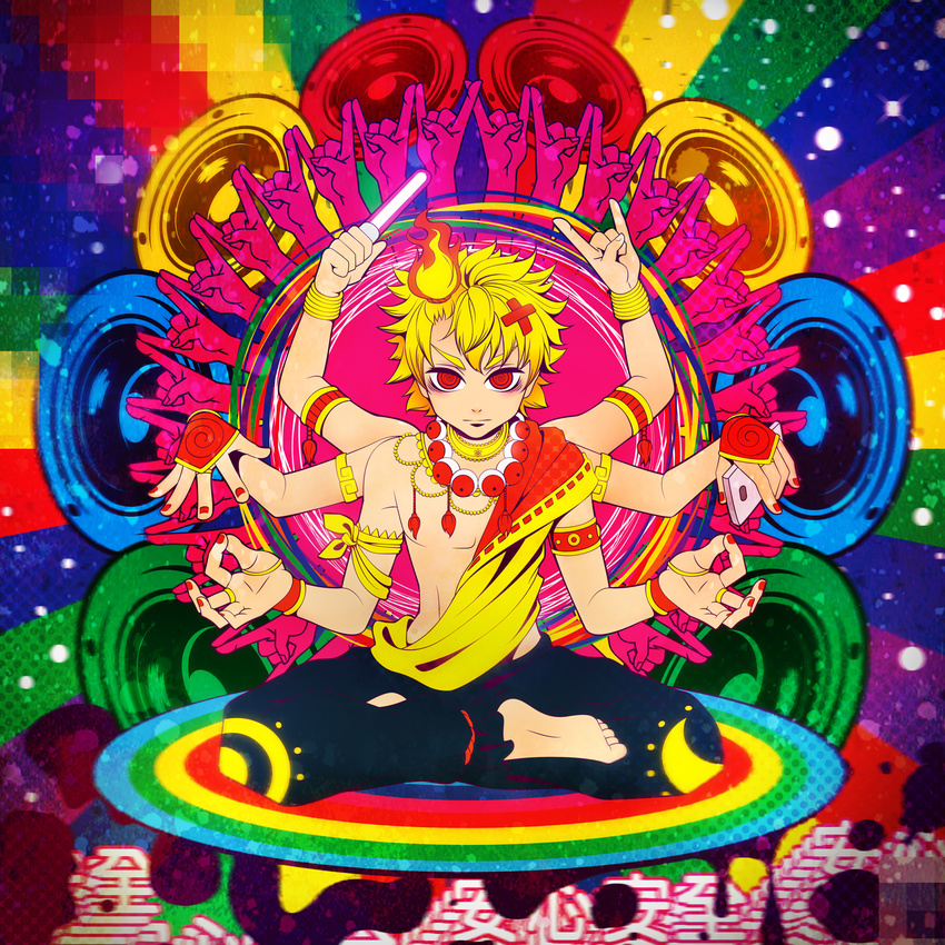 \m/ al_bhed_eyes amplifier armlet blonde_hair bracer catwhathk cellphone dappou_rock_(vocaloid) datsu eyeball fire glowstick hair_between_eyes hair_ornament highres indian_style jewelry male_focus multiple_arms nail_polish necklace phone pixelated rainbow red_eyes red_nails ring ringed_eyes sash shirtless sitting smartphone solo x_hair_ornament