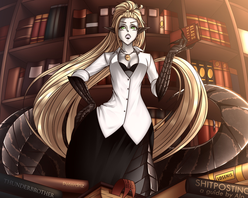 :o black_bra black_skirt blonde_hair book bookmark bookshelf bra breasts claws cleavage dress_shirt english facial_mark fangs green_eyes hand_on_hip highres holding holding_book jewelry lamia librarian library loen-lapae long_hair looking_at_viewer medium_breasts monster_girl open_mouth original paws pendant pointy_ears ponytail scales shirt side_slit skirt sleeves_rolled_up slit_pupils solo underwear v-shaped_eyebrows very_long_hair white_shirt white_skin