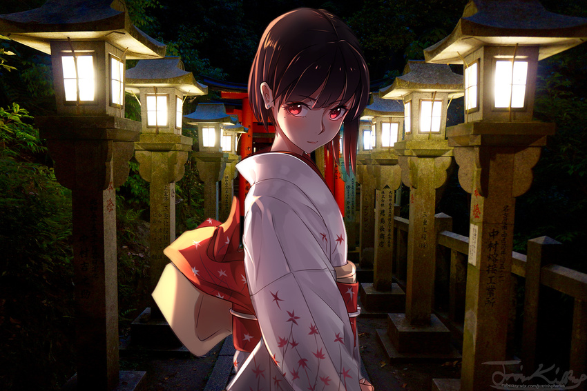 artist_name bad_id bad_pixiv_id bangs brown_hair closed_mouth earrings eyebrows eyebrows_visible_through_hair eyelashes floral_print from_side glowing glowing_eyes highres japanese_clothes jewelry kimono leaf_print long_sleeves looking_at_viewer maple_leaf_print mole mole_under_eye night obi original phantania pink_lips red_eyes sash short_hair solo stone_lantern stud_earrings torii tree upper_body watermark web_address