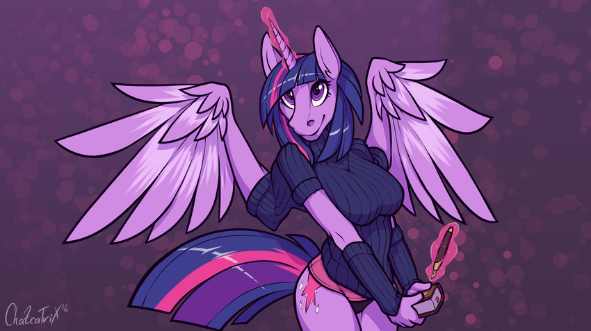 2016 anthro book breasts chazcatrix clothed clothing cutie_mark digital_media_(artwork) equine feathered_wings feathers female friendship_is_magic fur hair horn horse mammal multicolored_hair my_little_pony pen purple_eyes purple_fur purple_hair simple_background smile solo twilight_sparkle_(mlp) two_tone_hair unicorn winged_unicorn wings