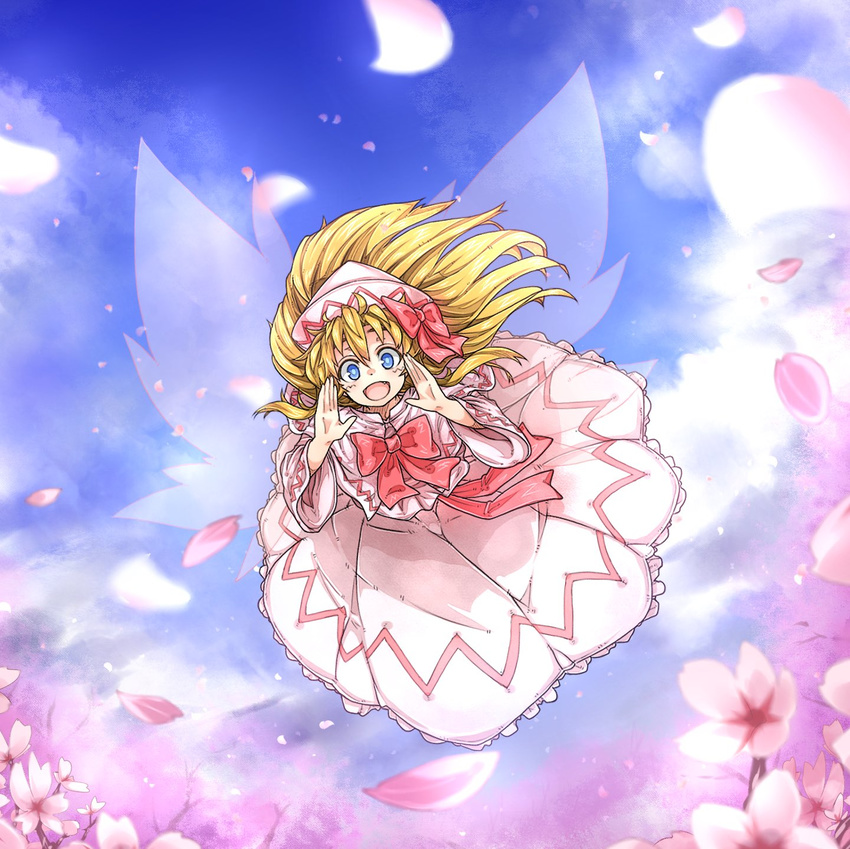:d blonde_hair blush bow bowtie cherry_blossoms commentary_request day dress fairy_wings fang flower flying full_body hair_bow hat highres lily_white long_hair long_sleeves looking_at_viewer open_mouth ototobe outdoors petals red_bow red_neckwear shouting smile solo touhou white_dress wide_sleeves wings