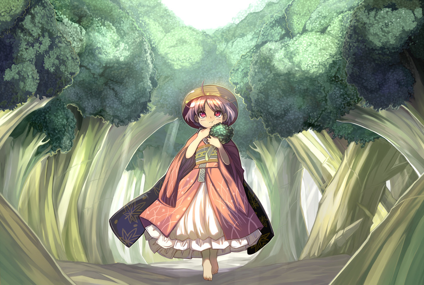 ahoge barefoot bowl bowl_hat broccoli chewing commentary_request day eating food forest frilled_kimono frills full_body hat highres japanese_clothes kimono looking_up nature obi outdoors purple_hair red_eyes red_kimono sash shope short_hair solo sukuna_shinmyoumaru sunlight touhou vegetable walking wide_sleeves