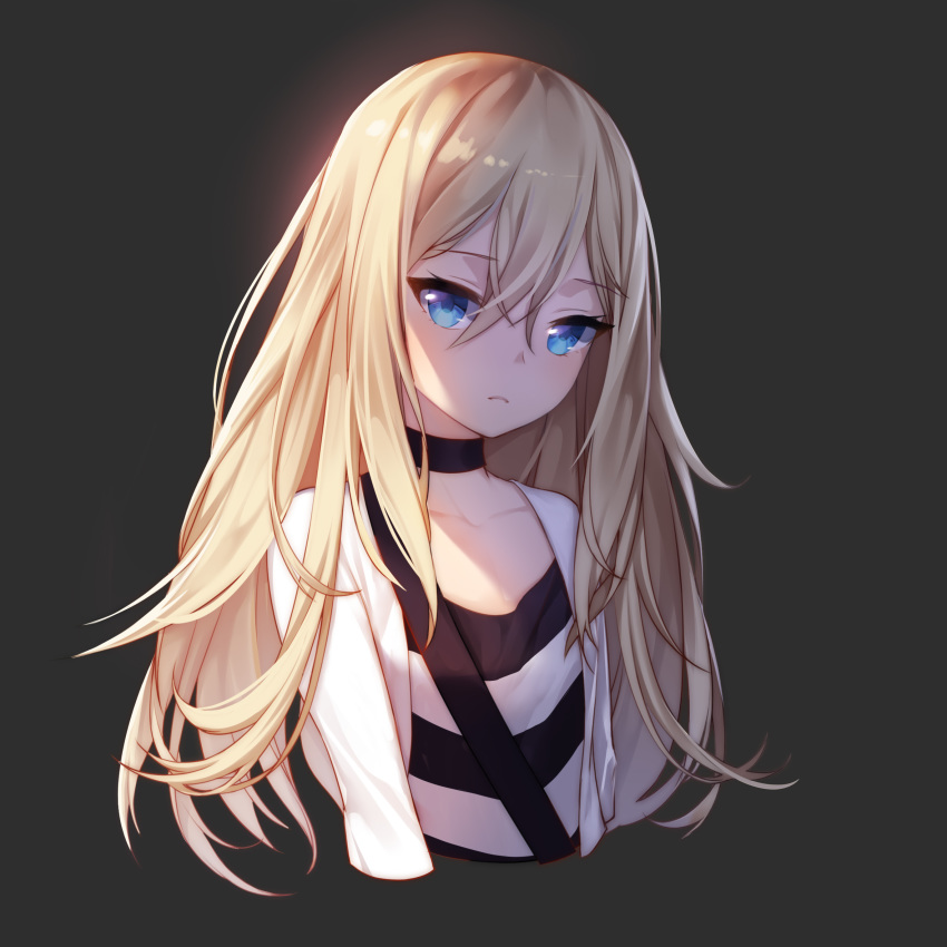 1girl ajio_(pixiv7718798) black_background blonde_hair blue_eyes choker collarbone cropped_torso eyebrows_visible_through_hair hair_between_eyes head_tilt highres long_hair looking_at_viewer parted_lips rachel_gardner satsuriku_no_tenshi shirt solo striped striped_shirt upper_body