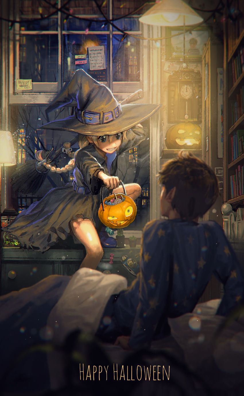 1girl alarm_clock arm_support bare_tree bed_sheet bedroom black_dress black_hair blue_eyes blurry book bookshelf bow braid broom bubble bucket building cactus candy chewing_gum city clock commentary dark depth_of_field dress eye_contact fish fish_tank food gumball hair_bow halloween halloween_basket hat highres holding indoors jack-o'-lantern lamp light light_particles lights lollipop long_hair looking_at_another looking_down night note original outstretched_arm pajamas picture_(object) pillow pine_(yellowpine112) plant potted_plant reaching_out short_hair silver_hair sitting star torn_clothes tree trick_or_treat twin_braids under_covers waking_up window witch witch_hat