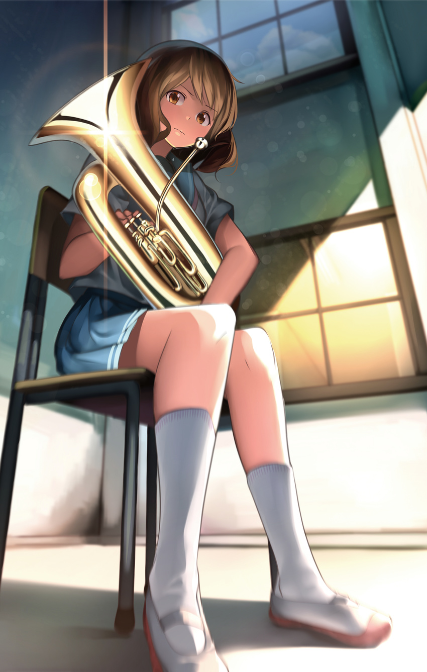 absurdres brown_eyes brown_hair chair euphonium from_below glint gochiwa hibike!_euphonium highres instrument lens_flare oumae_kumiko perspective school_uniform serafuku shoes short_hair sitting solo uwabaki window