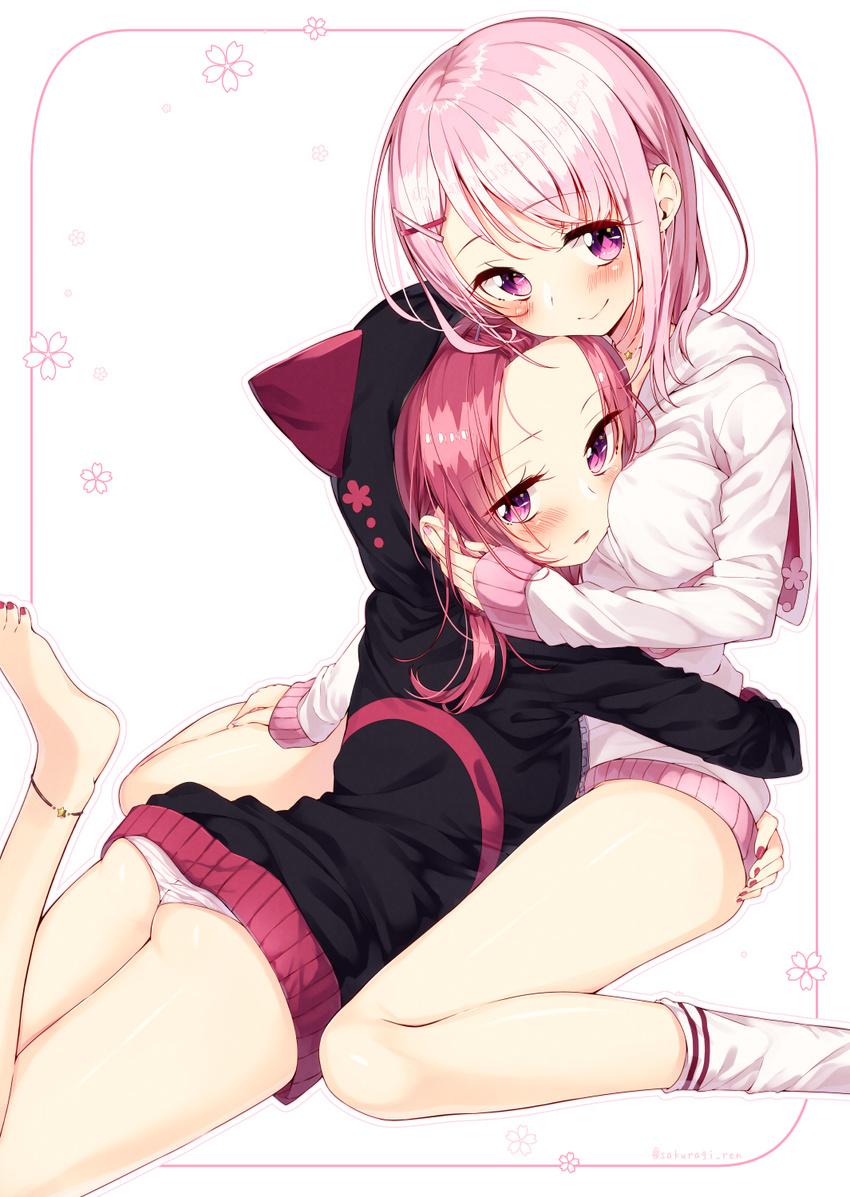 :&gt; animal_hood anklet arm_around_waist ass barefoot between_breasts blush breasts closed_mouth eyebrows eyebrows_visible_through_hair hair_ornament hand_on_another's_cheek hand_on_another's_face head_between_breasts head_tilt highres hood hoodie hug jewelry kneehighs koi_pink-chan leg_up long_hair lying multiple_girls mutual_hug nail_polish necklace no_pants number on_stomach original panties pantyshot pantyshot_(lying) parted_lips pink pink_eyes pink_hair pink_nails sakuragi_ren short_hair sitting sleeves_past_wrists star star_necklace striped striped_panties toenail_polish twitter_username underwear usui_pink-chan wariza white_background white_legwear x_hair_ornament yuri