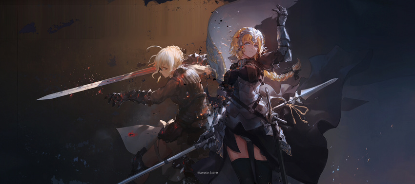 armor armored_dress artoria_pendragon_(all) ass_visible_through_thighs blonde_hair braid broken_mask dark_excalibur excalibur fate/apocrypha fate/stay_night fate_(series) fighting_stance flag gauntlets hair_ribbon hand_up highres holding holding_sword holding_weapon jeanne_d'arc_(fate) jeanne_d'arc_(fate)_(all) looking_at_viewer mivit multiple_girls panties pantyshot polearm pose ribbon saber saber_alter single_braid skirt sword thighhighs tress_ribbon underwear upskirt weapon white_panties yellow_eyes zettai_ryouiki