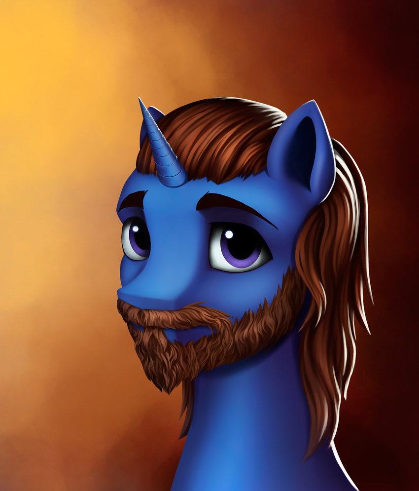 blue_fur brown_hair equine eyebrows fan_character feral fur gradient_background hair headshot horn l1nkoln male mammal my_little_pony purple_eyes simple_background smile solo unicorn