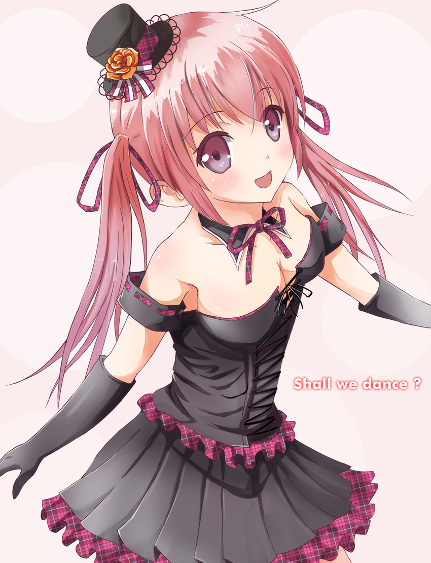 absurdres black_dress black_gloves breasts brown_eyes cleavage collarbone dress elbow_gloves eyebrows eyebrows_visible_through_hair gloves gothic_lolita hat highres lolita_fashion long_hair mini_hat neck_ribbon ok-ray open_mouth original pink_hair ribbon small_breasts solo twintails