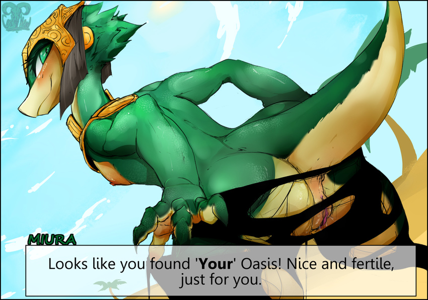 anthro anus bluhs breasts clothing dialogue english_text ever_oasis female goat-head_(artist) green_eyes lizard looking_back miura nintendo nipples pussy reptile scalie smile solo text torn_clothing undressing video_games