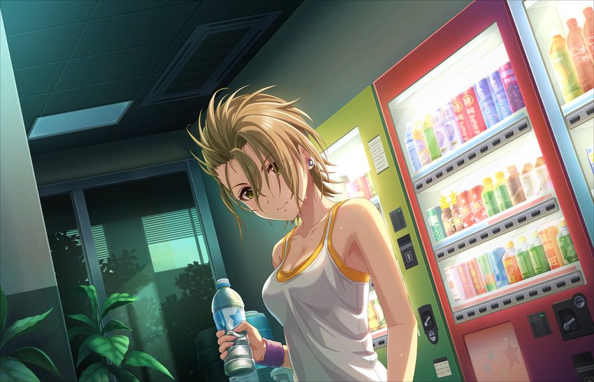 artist_request bottle breasts brown_hair camisole ceiling cleavage drinking_fountain dutch_angle earrings green_eyes hair_over_eyes holding holding_bottle idolmaster idolmaster_cinderella_girls idolmaster_cinderella_girls_starlight_stage jewelry kimura_natsuki light_smile looking_at_viewer medium_breasts nail_polish official_art pink_nails plant quiff short_hair solo stud_earrings sweat tank_top tree vending_machine water_bottle water_cooler wristband