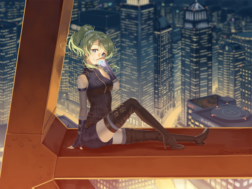 arm_belt ayase_eli bangs belt_boots bike_shorts black_footwear black_gloves black_legwear blonde_hair blue_eyes boots breasts building cityscape commentary_request elbow_gloves fingerless_gloves from_side gem gloves helipad high_heel_boots high_heels looking_at_viewer love_live! love_live!_school_idol_festival love_live!_school_idol_project medium_breasts night phantom_thief_erichika ponytail scaffolding scrunchie sitting skyscraper sleeveless smile solo swept_bangs thigh_boots thigh_strap thighhighs tomiwo twitter_username white_scrunchie zettai_ryouiki