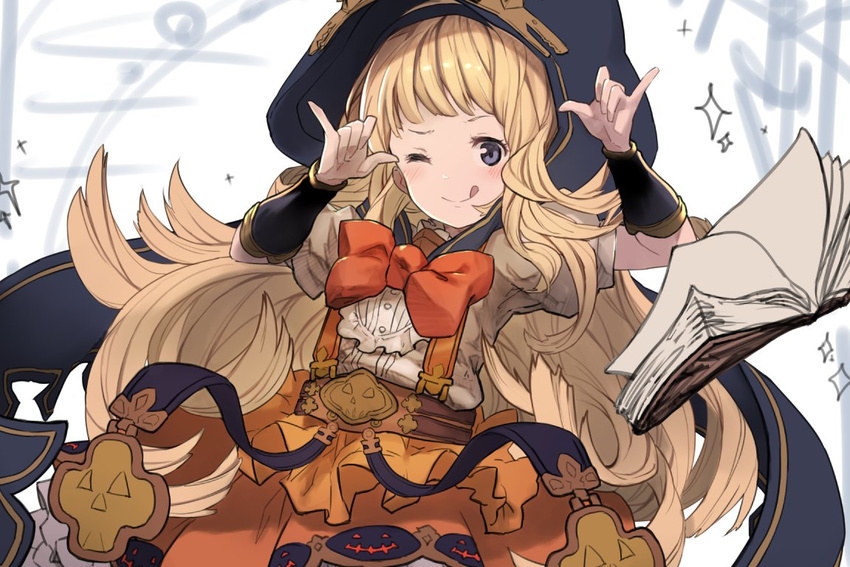 ;q blonde_hair blush book bow bowtie cagliostro_(granblue_fantasy) closed_mouth commentary_request granblue_fantasy halloween halloween_costume hand_gesture head_tilt high-waist_skirt hood long_hair one_eye_closed open_book orange_bow orange_neckwear orange_skirt puffy_short_sleeves puffy_sleeves purple_eyes shirt short_sleeves skirt smile solo sparkle suspenders tongue tongue_out very_long_hair white_background white_shirt yoo_(tabi_no_shiori)