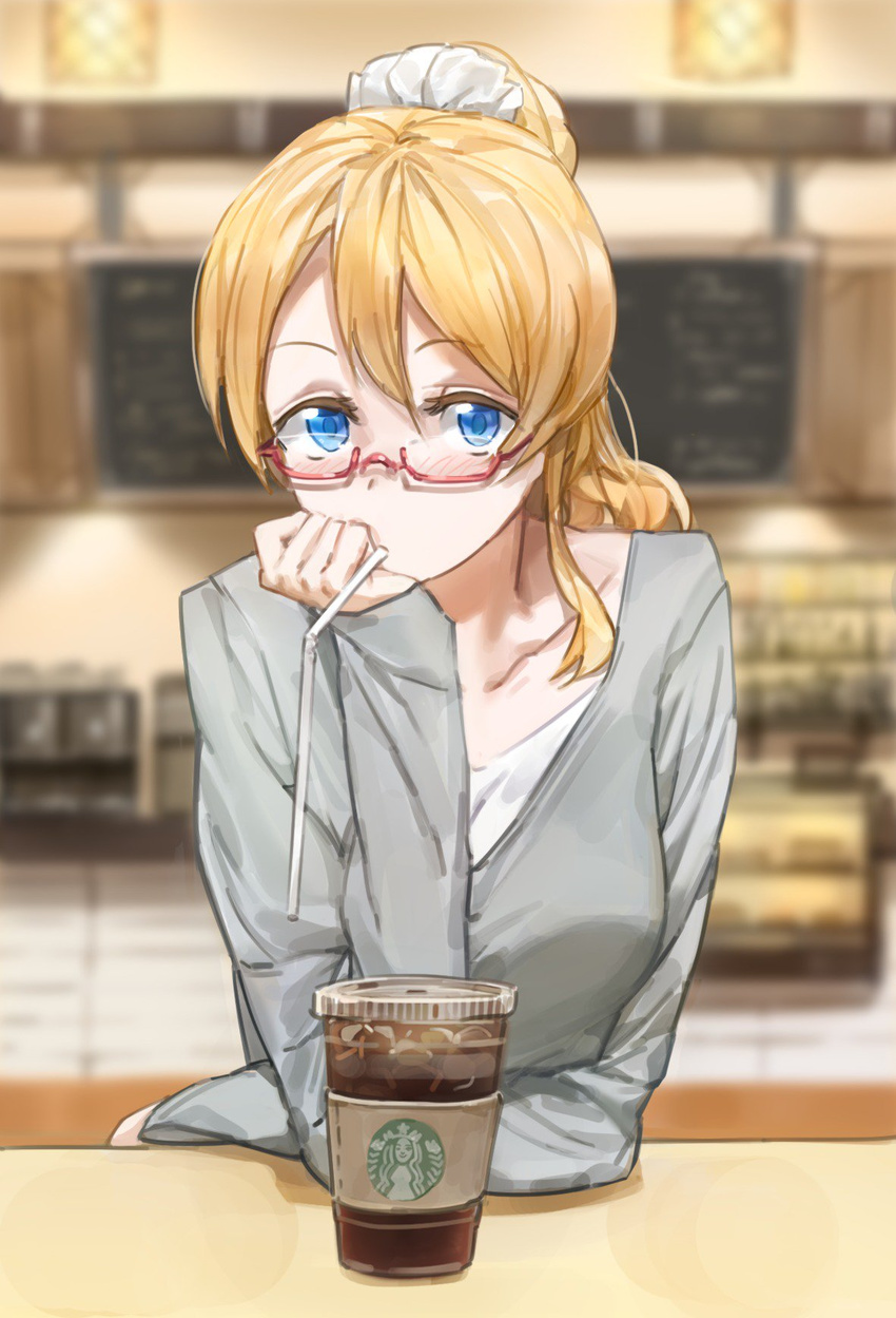 ayase_eli bangs bendy_straw blonde_hair blue_eyes blush chin_rest coffee collarbone drink drinking_straw eyebrows eyebrows_visible_through_hair glasses hair_between_eyes hair_ornament hair_scrunchie highres iced_coffee indoors long_hair long_sleeves looking_at_viewer love_live! love_live!_school_idol_project mouth_hold ponytail pov_across_table red-framed_eyewear scrunchie semi-rimless_eyewear sitting solo starbucks table under-rim_eyewear white_scrunchie yohan1754