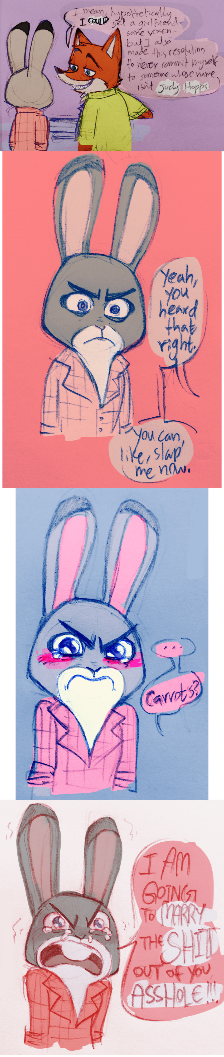 2016 absurd_res angry anthro blush buckteeth canine clothing comic crying disney duo female fox hi_res judy_hopps lagomorph long_ears male mammal necktie nick_wilde nicolaswildes_(artist) rabbit shirt speech_bubble superabsurd_res tears teeth text yelling zistopia zootopia