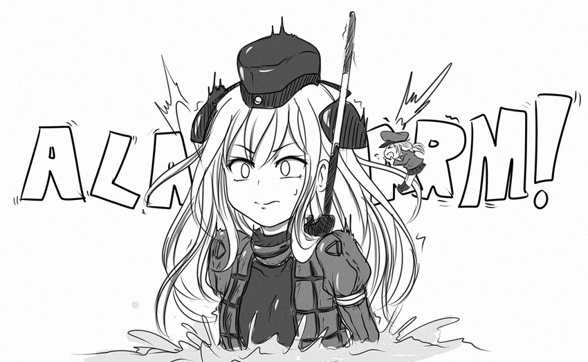 &gt;_&lt; 2girls closed_eyes closed_mouth eyebrows eyebrows_visible_through_hair fairy_(kantai_collection) garrison_cap german greyscale hat kantai_collection long_sleeves minigirl monochrome motion_lines multiple_girls open_mouth partially_submerged shirt skirt surprised sweatdrop u-511_(kantai_collection) viperxtr water