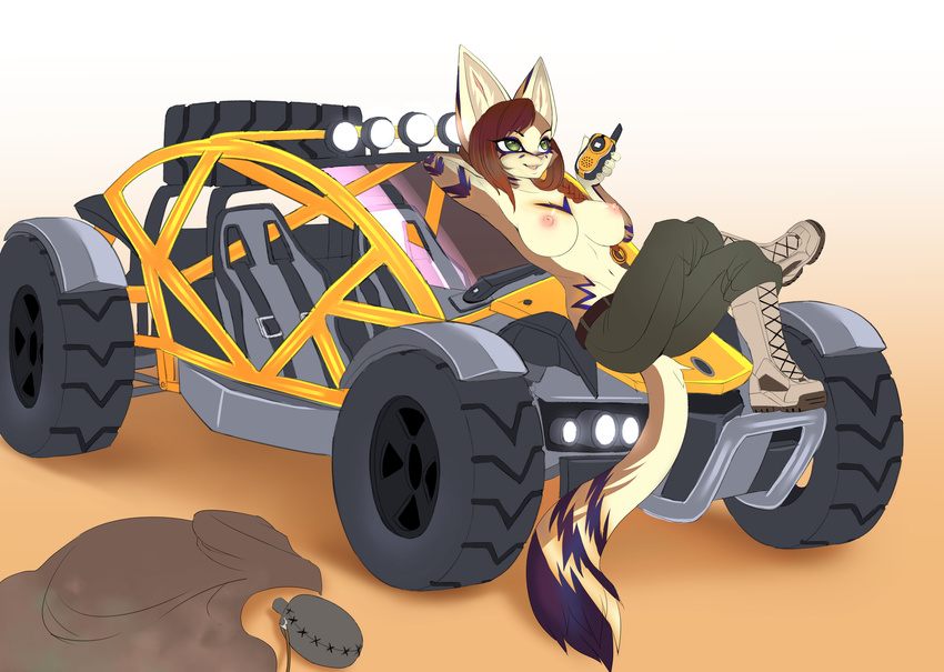 5_fingers anthro areola armpits breasts cat clothed clothing dune_buggy eyelashes feline female fur hair hand_behind_head lying mammal nipples pink_nose sif solo topless wide_hips