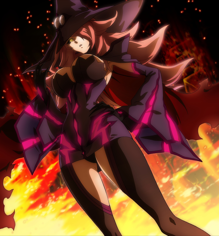 armpits black_sclera blazblue blazblue:_central_fiction breasts fire hands_on_hips hat highres konoe_a_mercury large_breasts looking_down panties pantyshot pink_hair solo tight_top underwear witch_hat yellow_eyes