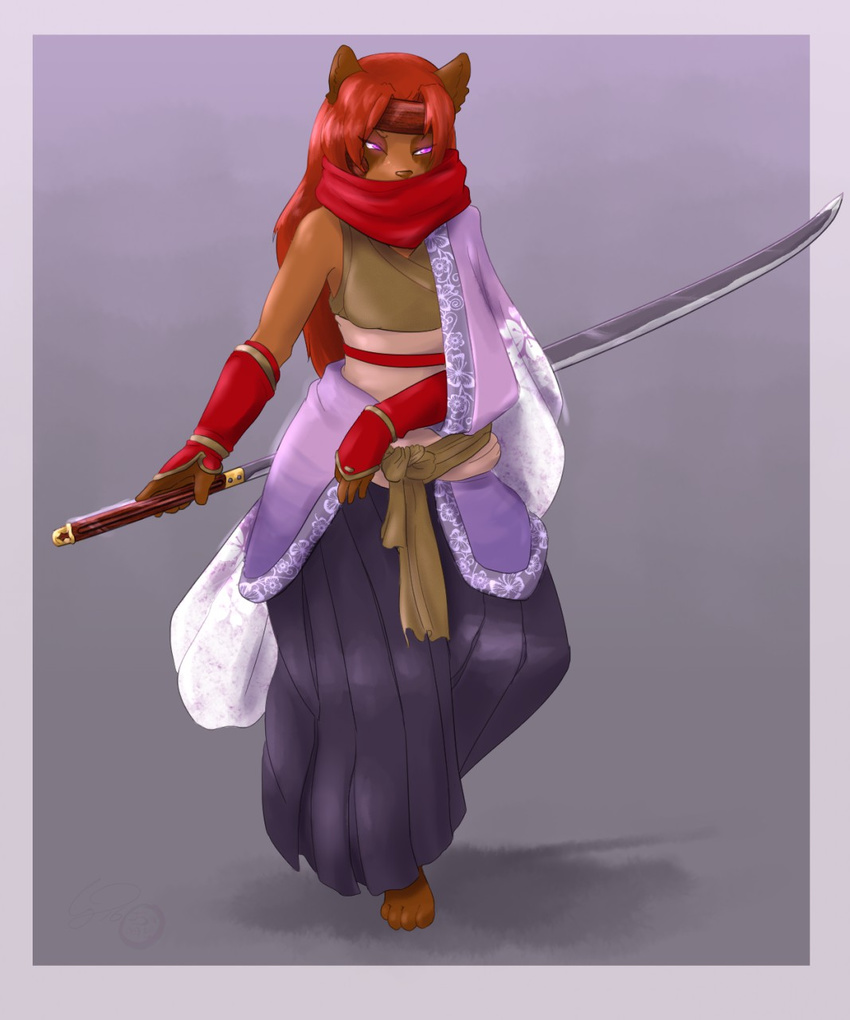 2016 4_toes anthro armor barefoot cainethelongshot chiharu clothed clothing female fur glowing glowing_eyes hair hakama headband holding_object holding_weapon japanese_clothing kimono long_hair mammal markings melee_weapon ninja paws pink_eyes purple_eyes red_hair scarf simple_background solo standing sword tanuki toes weapon