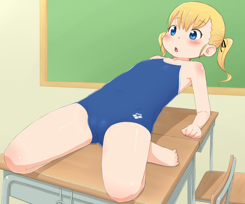 1girl :o barefoot blonde_hair child classroom copyright_request desk eyebrows eyebrows_visible_through_hair feet flat_chest full_body gluteal_fold hair_ornament hair_ribbon one-piece_swimsuit open_mouth ribbon school_desk shiny shiny_hair shiny_skin solo swimsuit tomboo twintails