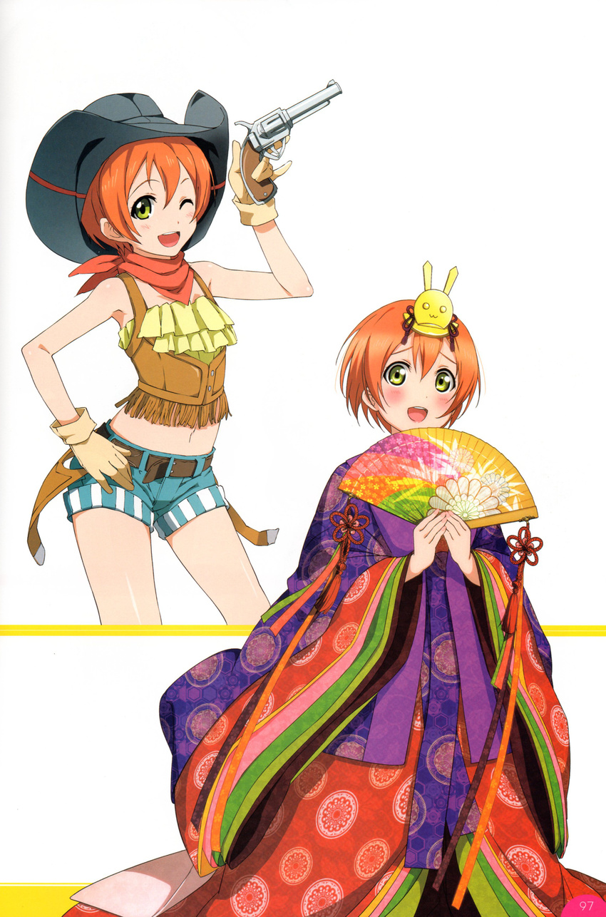 ;d absurdres armpits artist_request blush contrapposto cowboy_hat cowboy_shot fan frilled_shirt frills fringe_trim gloves green_eyes gun hair_ornament hand_on_hip handgun hat highres holding holding_weapon hoshizora_rin japanese_clothes karaginu_mo kimono layered_clothing layered_kimono looking_at_viewer love_live! love_live!_school_idol_festival love_live!_school_idol_project midriff multiple_views navel neckerchief non-web_source official_art one_eye_closed open_mouth orange_hair revolver saishi scan shirt short_hair smile standing weapon western wide_sleeves