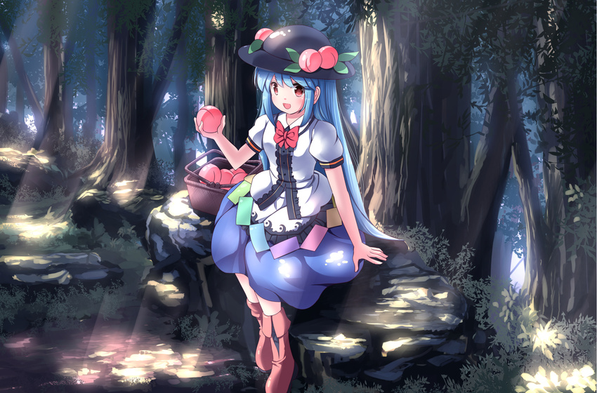 :d basket black_hat blue_hair blue_skirt blush boots bow bowtie brown_footwear commentary_request dappled_sunlight day dress_shirt food forest fruit hat highres hinanawi_tenshi holding holding_food holding_fruit leaf long_hair looking_at_viewer nature open_mouth outdoors peach puffy_short_sleeves puffy_sleeves rainbow_order red_bow red_eyes red_neckwear risutaru shirt short_sleeves sitting skirt smile solo sunlight touhou tree under_tree very_long_hair white_shirt