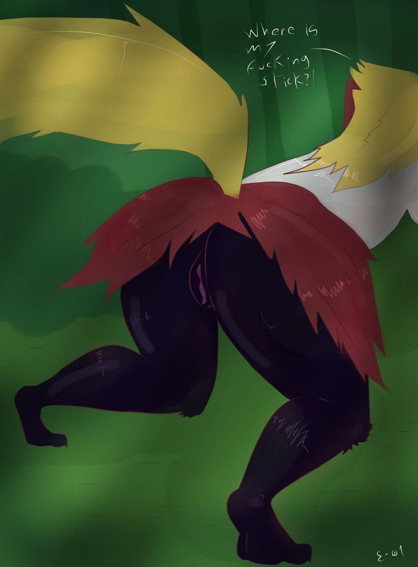 2016 anthro barefoot black_fur blush breasts butt canine clitoris clothing colored delphox dialogue digital_drawing_(artwork) digital_media_(artwork) english_text feet female fox fur mammal mostly_nude multicolored_fur nintendo outside paws pink_pussy pok&eacute;mon pussy red_fur shaded simple_background solo spread_legs spreading text the_zero_one_(artist) two_tone_fur video_games white_fur yellow_fur