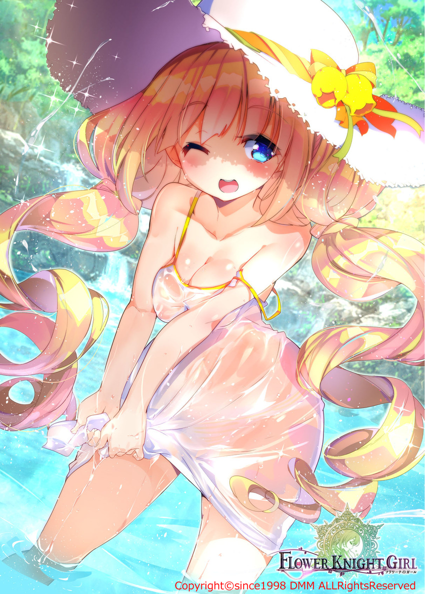 blonde_hair blue_eyes breasts cleavage copyright_name cowboy_shot curly_hair day eyebrows eyebrows_visible_through_hair flower_knight_girl fujishima-sei_ichi-gou hat highres long_hair medium_breasts nipples one_eye_closed open_mouth outdoors sandersonia_(flower_knight_girl) see-through shiny shiny_skin smile solo strap_slip sun_hat twintails water wet wet_clothes white_hat wringing_clothes