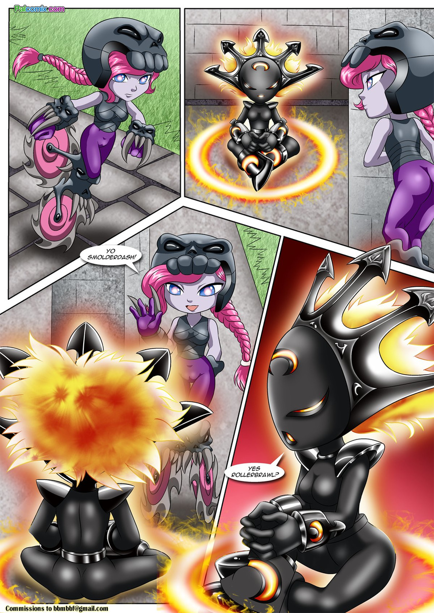 2016 armor bbmbbf breasts butt camel_toe circular_saw clothing comic crescent featureless_breasts fire flame_atronach fur34 gauntlets gloves grass hair halo helmet inline_skates meditating meditation palcomix pants pink_hair ponytail public pussy road roller_brawl saw_blade scrunchie shirt skylanders skylanders_swap_force smolderdash text tight_clothing vampire white_pupils