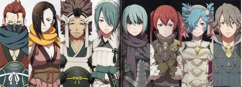5girls absurdres armor asama_(fire_emblem_if) berka_(fire_emblem_if) big_hair black_armor blue_hair breasts brown_hair cleavage closed_eyes crossed_arms fire_emblem fire_emblem_if gloves hair_over_one_eye hair_ribbon headband headdress highres japanese_clothes kagerou_(fire_emblem_if) kozaki_yuusuke large_breasts lazward_(fire_emblem_if) light_smile lips looking_at_viewer luna_(fire_emblem_if) mask multicolored_hair multiple_boys multiple_girls ninja non-web_source official_art pectorals pieri_(fire_emblem_if) purple_hair red_eyes ribbon saizou_(fire_emblem_if) scan scar scar_across_eye scarf serious setsuna_(fire_emblem_if) simple_background smile twintails white_armor