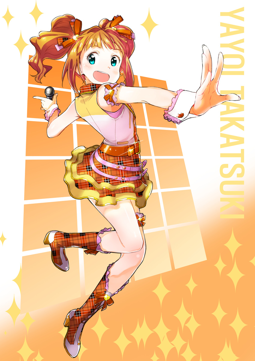 absurdres blue_eyes character_name check_my_note gulim hair_ribbon highres holding holding_microphone idolmaster idolmaster_(classic) idolmaster_one_for_all layered_skirt long_hair microphone open_mouth orange_hair orange_ribbon orange_skirt ribbon skirt solo takatsuki_yayoi thigh_strap twintails wrist_cuffs