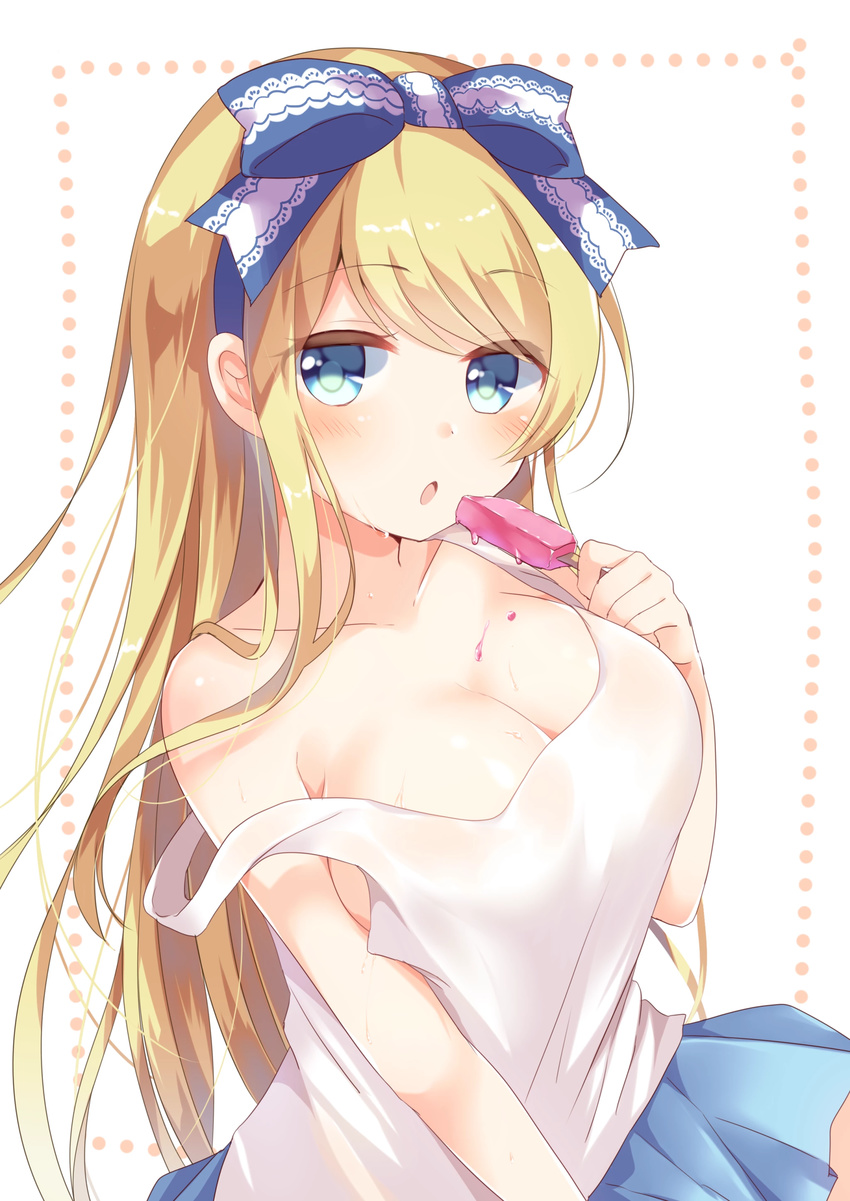 absurdres alice_(wonderland) alice_in_wonderland bangs bare_shoulders blonde_hair blue_ribbon blue_skirt blush breasts cleavage collarbone emori_miku_project emu_alice eyebrows eyebrows_visible_through_hair food food_on_body gomano_rio hair_ribbon highres holding holding_food long_hair looking_at_viewer medium_breasts off_shoulder open_mouth pleated_skirt popsicle ribbon shirt skirt sleeveless solo sweat swept_bangs tank_top very_long_hair white_background white_shirt