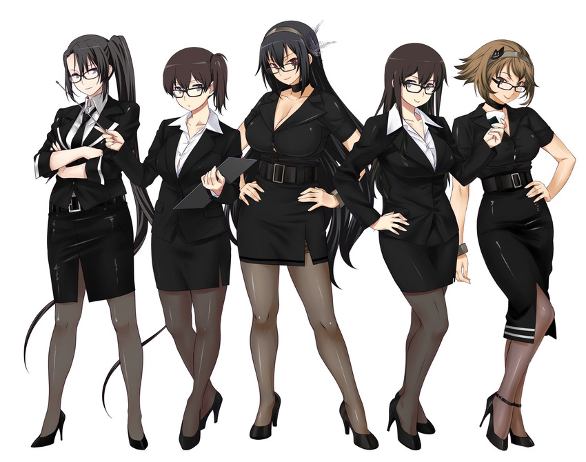 akagi_(kantai_collection) alternate_costume belt belt_buckle bespectacled black_hair black_legwear black_skirt blouse breasts brown_hair buckle cleavage collar collarbone crossed_arms formal glasses hands_on_hips headband high_heels highres kaga_(kantai_collection) kantai_collection large_breasts long_hair long_sleeves multiple_girls mutsu_(kantai_collection) nachi_(kantai_collection) nagato_(kantai_collection) odd_one_out office_lady pantyhose pencil_skirt ponytail short_sleeves shoumaru_(gadget_box) side_ponytail simple_background skirt skirt_suit strappy_heels suit thighhighs very_long_hair white_blouse