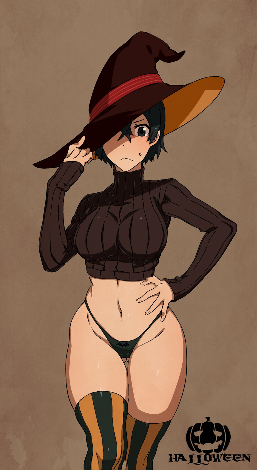 arm_up ass_visible_through_thighs black_eyes black_hair black_panties breasts contrapposto crop_top hair_between_eyes halloween hand_on_headwear hand_on_hip hat highleg highleg_panties highres hips kamezaemon large_breasts navel no_pants original panties ribbed_sweater short_hair sleeves_past_wrists solo standing string_panties striped striped_legwear sweatdrop sweater thigh_gap thighhighs turtleneck turtleneck_sweater underwear vertical-striped_legwear vertical_stripes witch_hat