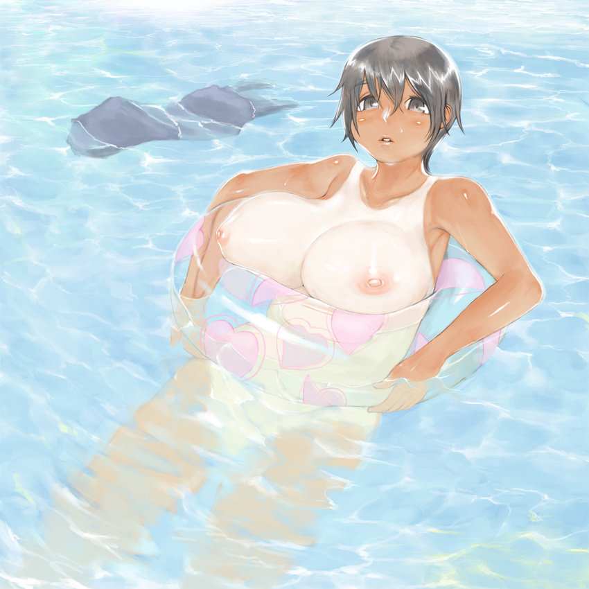 breasts dark_skin huge_breasts innertube kajichan nipples nude one-piece_tan original partially_submerged skinny_dipping solo swimming swimsuit swimsuit_removed tan tanline