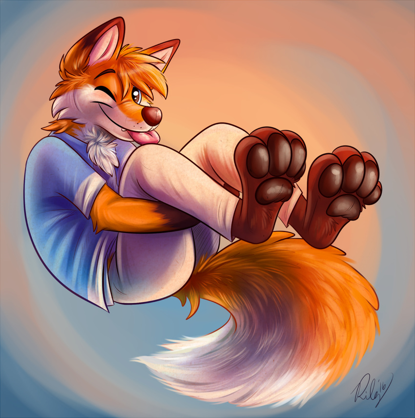 2016 4_toes anthro barefoot brown_eyes brown_fur brown_nose brown_pawpads canine chest_tuft clothed clothing digital_media_(artwork) dipstick_tail floating fluffy fluffy_tail fox fur looking_at_viewer male mammal multicolored_fur multicolored_tail one_eye_closed orange_fur orange_tail pants pawpads paws pink_tongue shirt signature simple_background solo toes tongue tongue_out tuft two_tone_tail waywardmutt white_fur white_tail wink