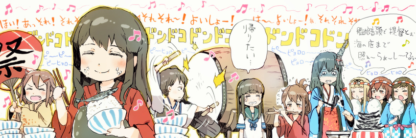 6+girls akagi_(kantai_collection) beamed_eighth_notes black_hair bowl brown_hair burnt checkered chopsticks comic commentary_request eating eighth_note fan fang festival flute food food_on_face fubuki_(kantai_collection) fusou_(kantai_collection) gomennasai grill hachimaki hair_ornament hairclip hakama happi hatsuyuki_(kantai_collection) headband ikazuchi_(kantai_collection) inazuma_(kantai_collection) instrument japanese_clothes kaga_(kantai_collection) kantai_collection kimono long_hair long_sleeves multiple_girls music musical_note mutsuki_(kantai_collection) nakau nejiri_hachimaki paper_fan plate playing_instrument rice rice_bowl school_uniform serafuku shaded_face shichirin short_hair side_ponytail sidelocks singing smile speech_bubble sweat tablecloth taiko_drum tears translation_request trembling turn_pale uchiwa wide_sleeves yuudachi_(kantai_collection)